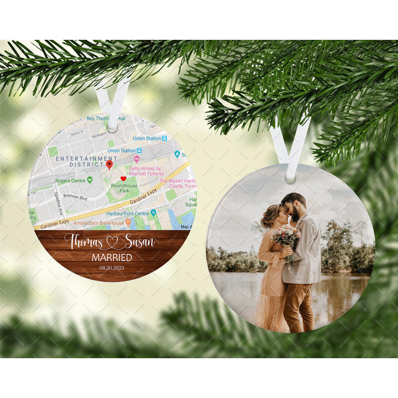 Just Married Location Christmas Ornament PNG Married Couple Photo Ornament Png Newlywed Anniversary 1