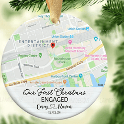 our first christmas engaged map ornament png, just engaged round ornament download, engagement ornament sublimation png
