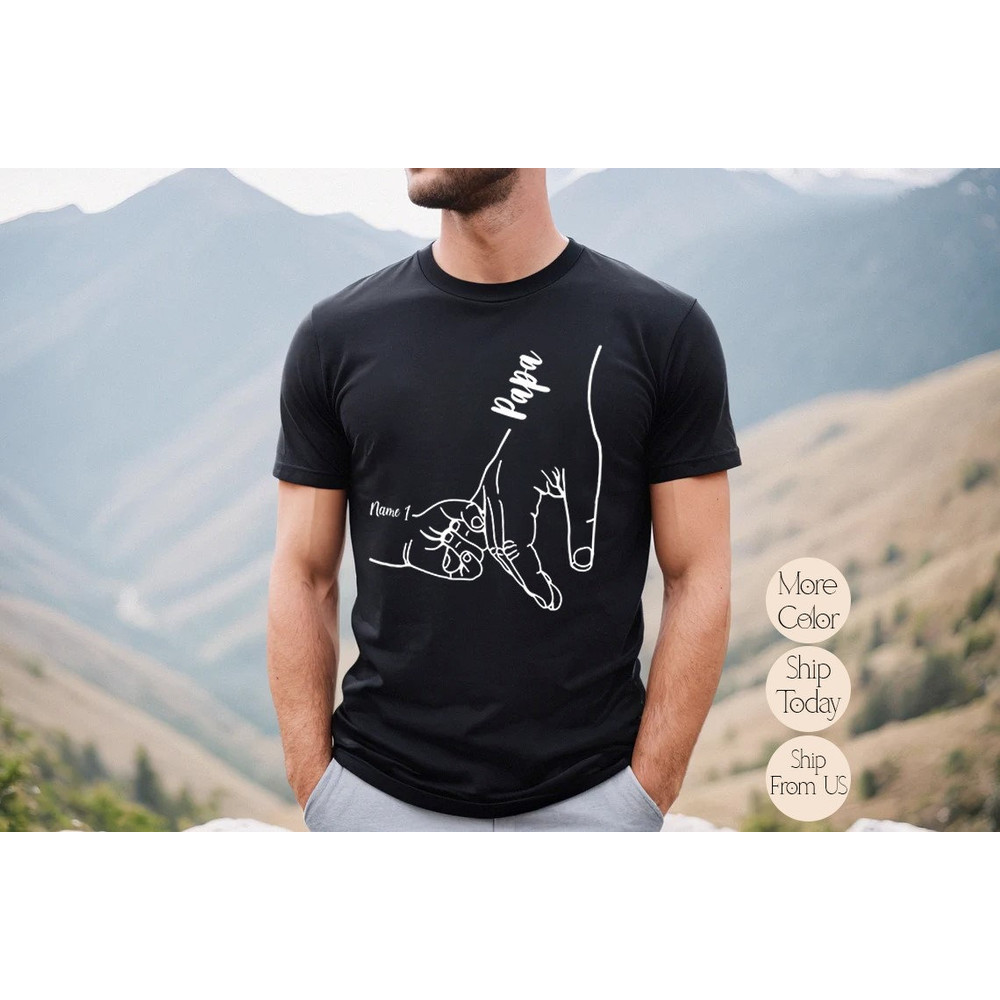 Custom Papa With Grandkids Hands Shirt, Personalized Dad Shirt, Custom Grandpa Grandkids Names Shirt, Fathers Day Gift, One Name Kid Shirt.jpg