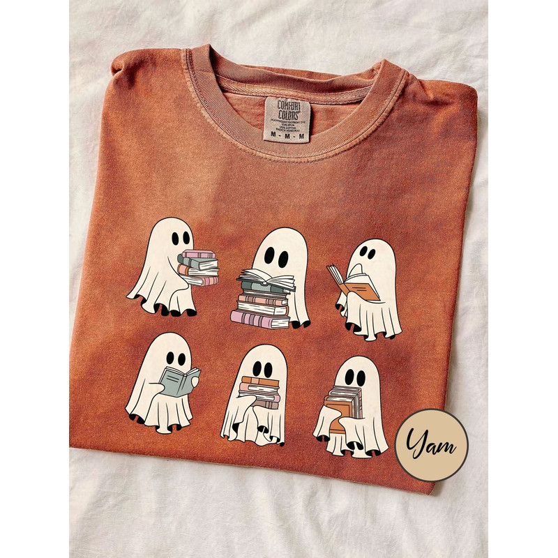 Ghost Reading Comfort Shirt, Teacher Halloween Shirt, Librarian Shirt, Book Lover Reading Shirt, Teacher Shirt, Halloween School Shirt.jpg