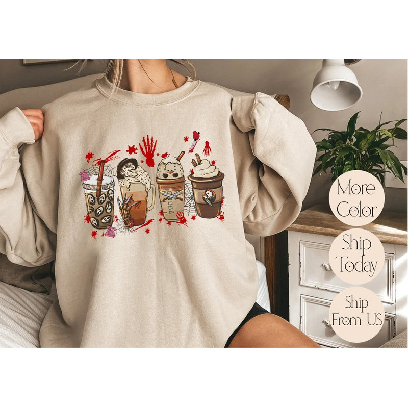 Horror Movie Coffee Latte Sweatshirt, Halloween Drink Cozy Hoodie, Horror Movie Killers Coffee Sweatshirt, Horror Movie Sweater, Jason Tee.jpg