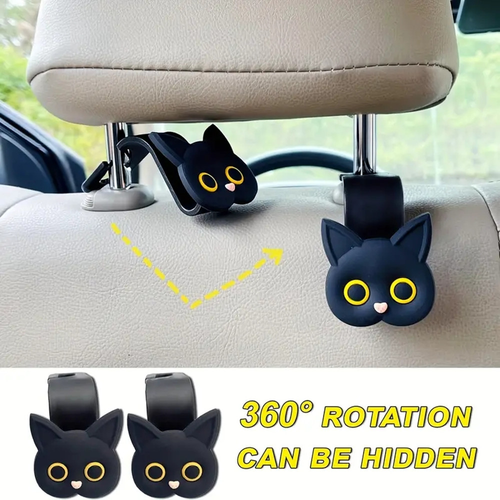 3D Cartoon Cat Car Seat Headrest Hooks, Cute Universal Car Organizer for Bags, Purses, Coats