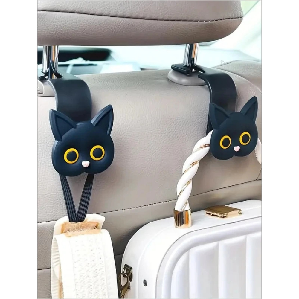 3D Cartoon Cat Car Seat Headrest Hooks, Cute Universal Car Organizer for Bags, Purses, Coats