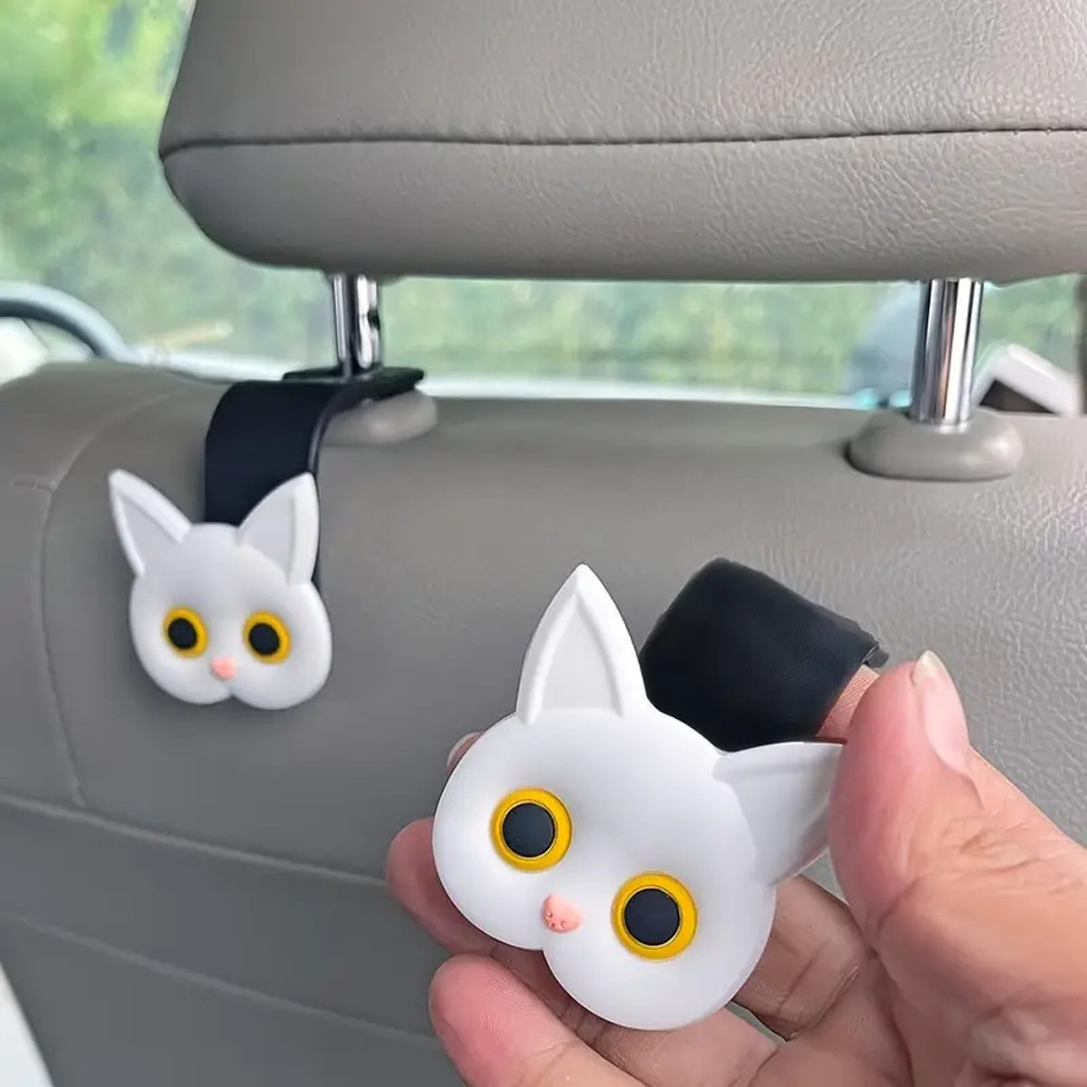 3D Cartoon Cat Car Seat Headrest Hooks, Cute Universal Car Organizer for Bags, Purses, Coats