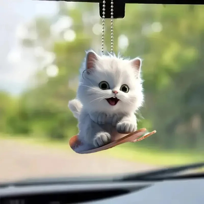 Realistic CatShaped Car Pendant Fun Hanging Ornament Interior Mirror Decoration With Chain 12