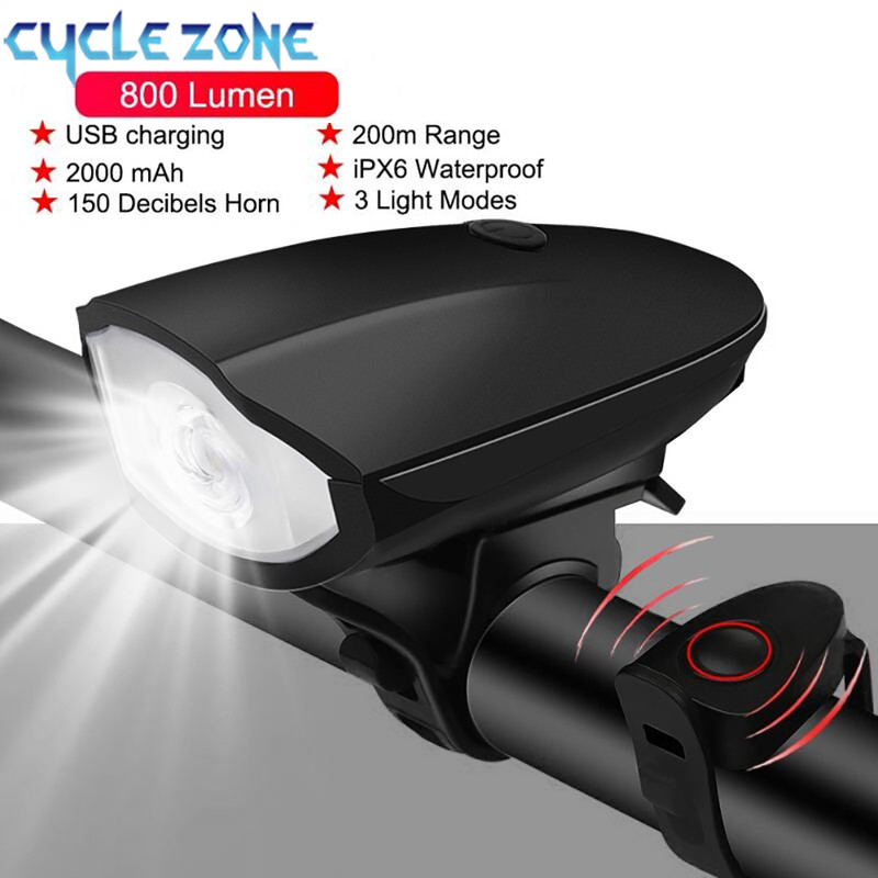 USB LED Waterproof Bicycle Light, Black Bike Horn Headlight for Outdoor and Mountain Rides