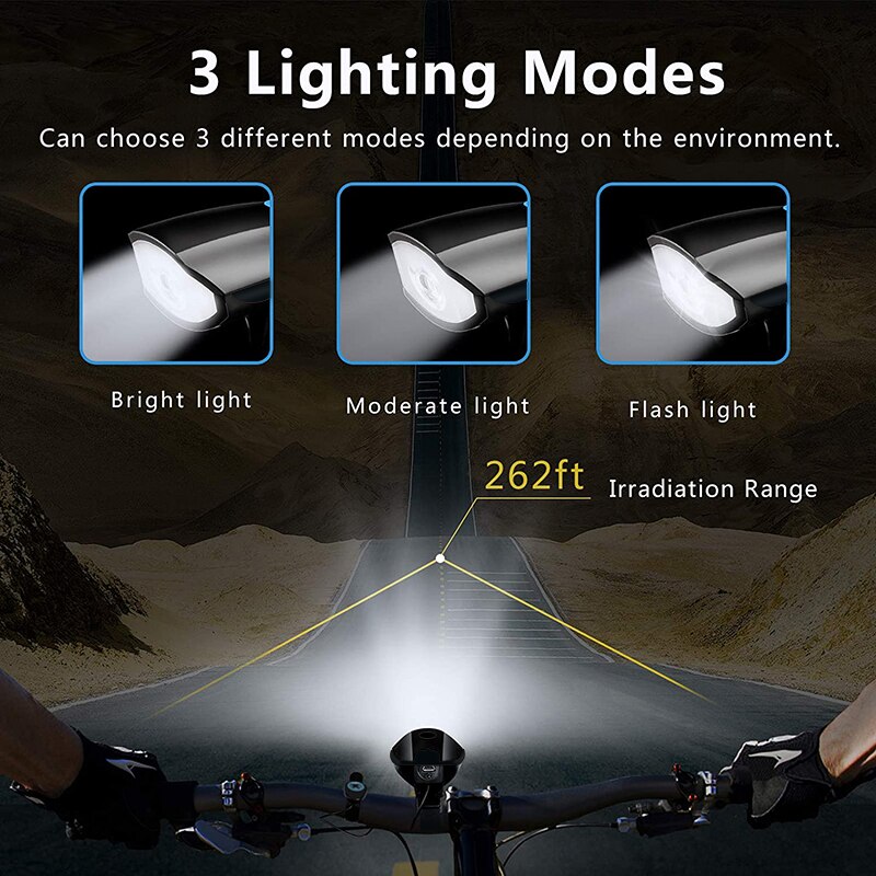 USB LED Waterproof Bicycle Light, Black Bike Horn Headlight for Outdoor and Mountain Rides