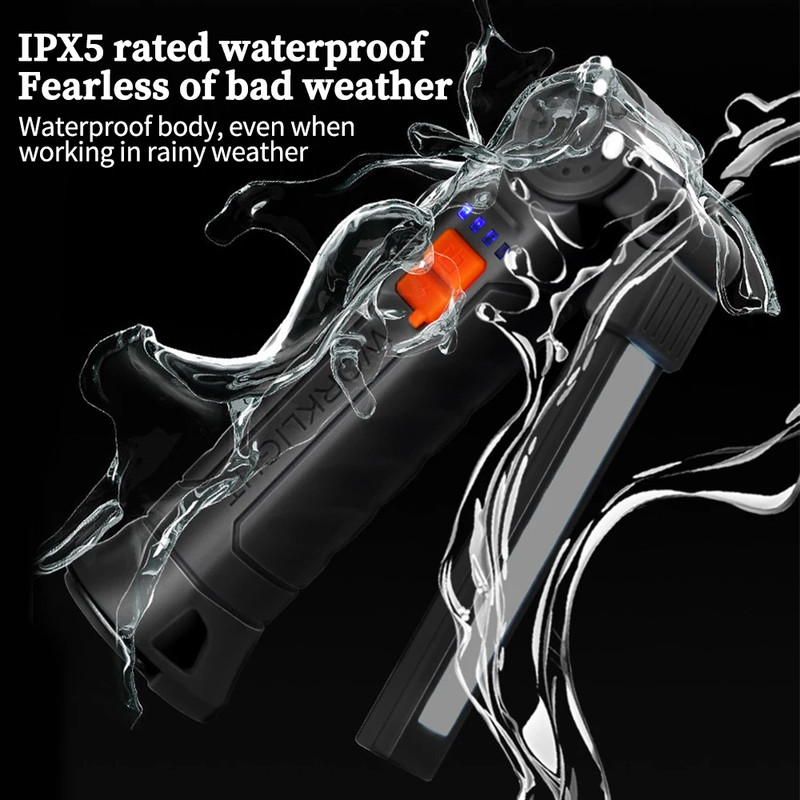 Rechargeable COB Work Light, Portable LED Flashlight for Camping, Waterproof Magnetic Torch with Hook