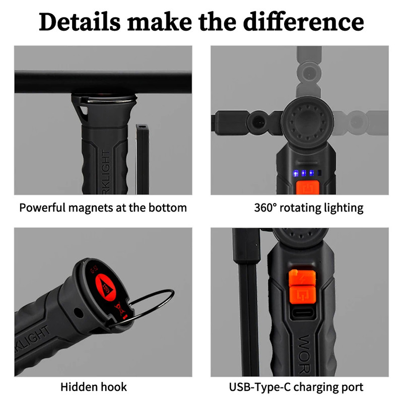 Rechargeable COB Work Light, Portable LED Flashlight for Camping, Waterproof Magnetic Torch with Hook