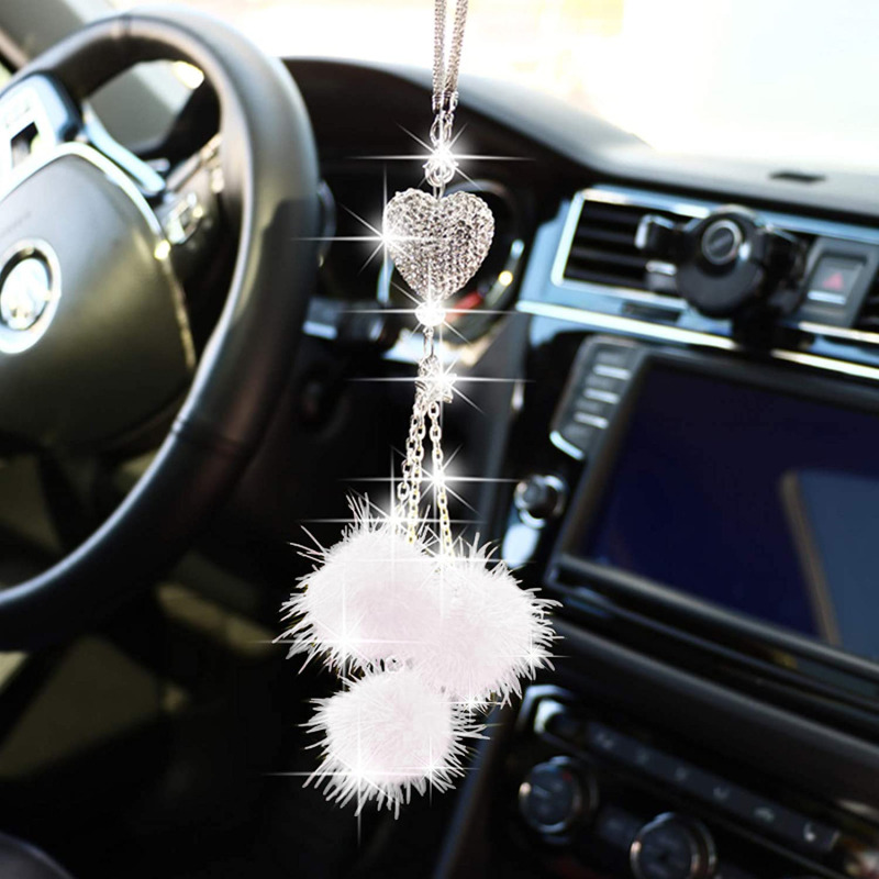 Auto Rearview Mirror Pendant Fashion Diamond Car Accessorie Bling Hairball Ornament Cute Car Decor 1