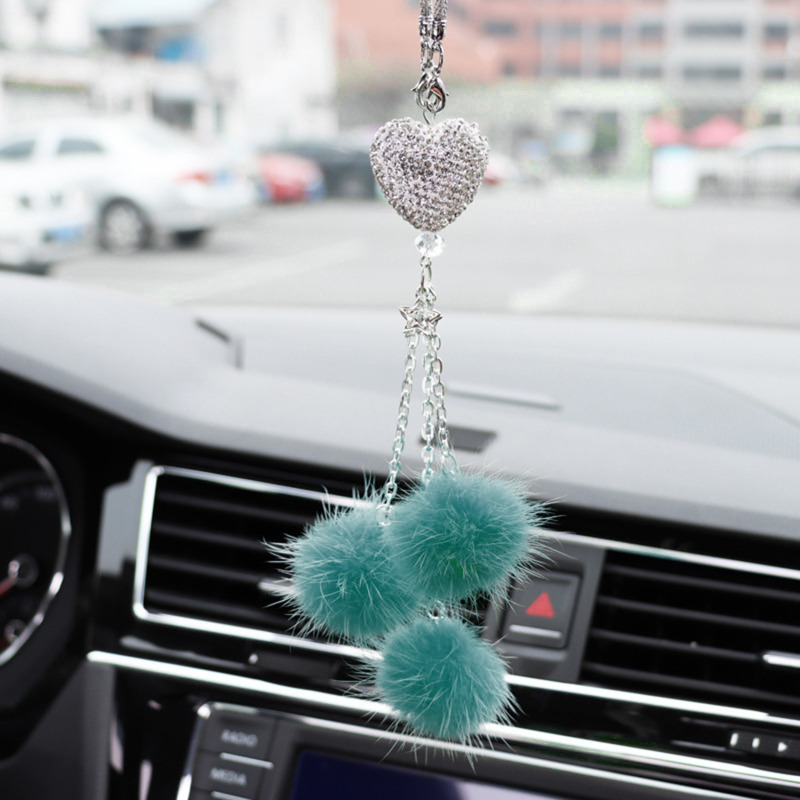 Auto Rearview Mirror Pendant Fashion Diamond Car Accessorie Bling Hairball Ornament Cute Car Decor 3