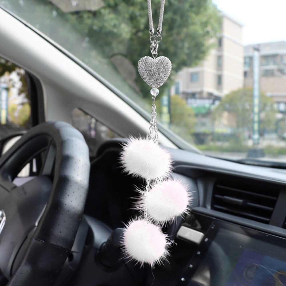 Auto Rearview Mirror Pendant Fashion Diamond Car Accessorie Bling Hairball Ornament Cute Car Decor 7