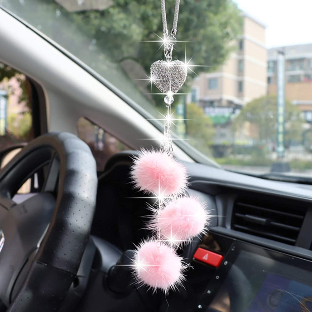 Auto Rearview Mirror Pendant Fashion Diamond Car Accessorie Bling Hairball Ornament Cute Car Decor 11