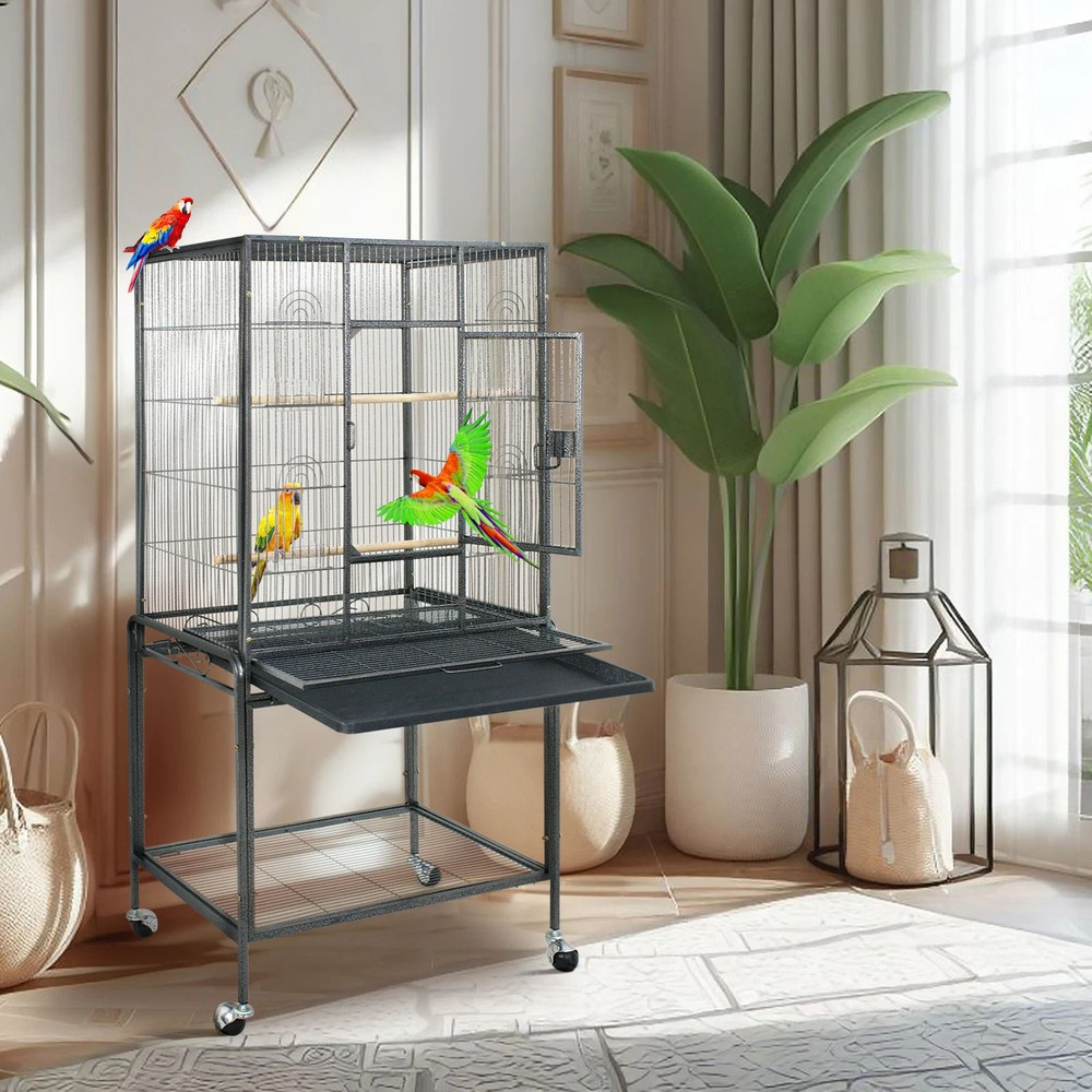 53 Large Bird Cage For Parrots Cockatiels Sturdy Metal Play Top Cage With Feeder Stand Rolling Wh 0