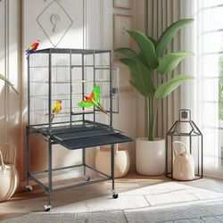 53" large bird cage for parrots & cockatiels – sturdy metal play top cage with feeder stand, rolling wheels & removable