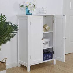 white wooden bathroom floor cabinet – 3-shelf storage cupboard, free standing organizer for bathroom essentials