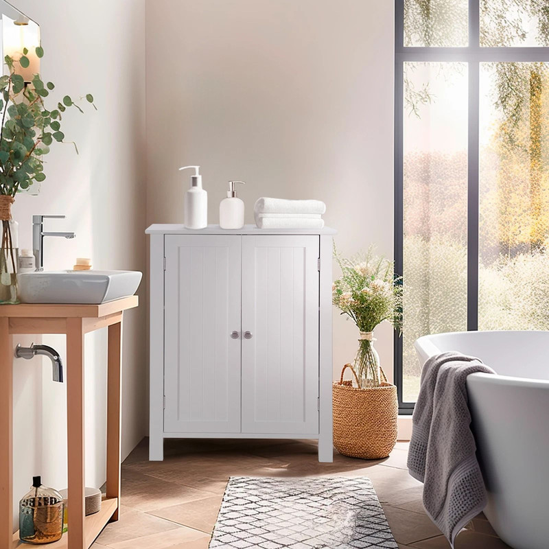 White Wooden Bathroom Floor Cabinet 3Shelf Storage Cupboard Free Standing Organizer For Bathroom E 1