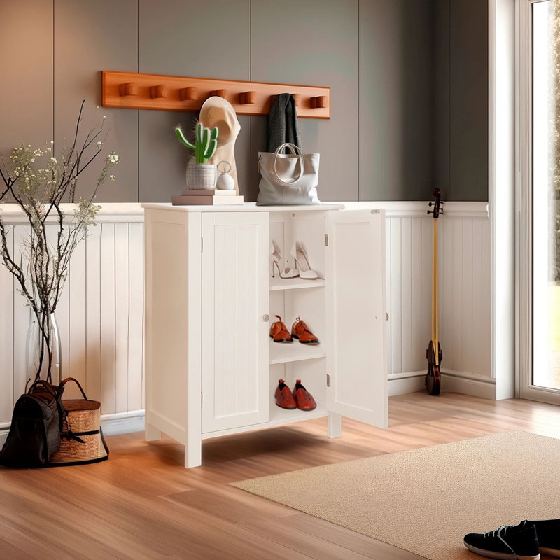 White Wooden Bathroom Floor Cabinet 3Shelf Storage Cupboard Free Standing Organizer For Bathroom E 2