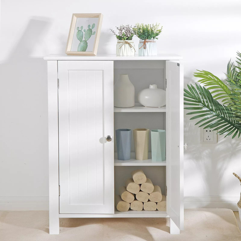 White Wooden Bathroom Floor Cabinet 3Shelf Storage Cupboard Free Standing Organizer For Bathroom E 5