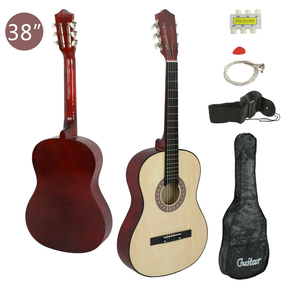 38 Wooden Beginners Acoustic Guitar Set With Case Strap Pick Natural Finish For RightHanded Player 0