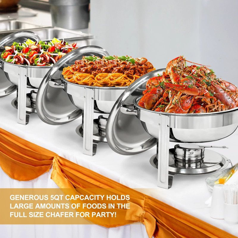 3 Pack Round Chafing Dishes 5 Stainless Steel FullSize Buffet Tray Set For Catering Weddings Event 9