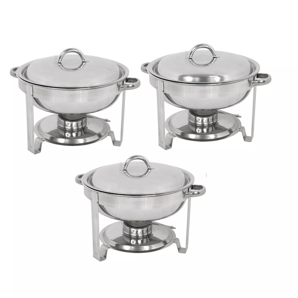 3 Pack Round Chafing Dishes 5 Stainless Steel FullSize Buffet Tray Set For Catering Weddings Event 0