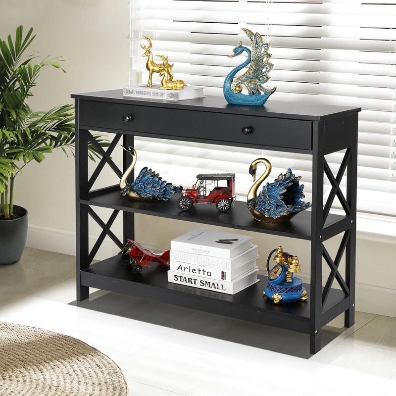 Black Console Table With Drawer  Storage Shelf  Sturdy Sofa Table Hallway Furniture For Living Room 5