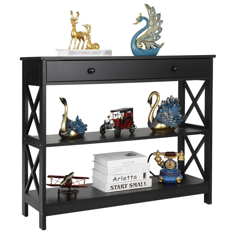 Black Console Table With Drawer  Storage Shelf  Sturdy Sofa Table Hallway Furniture For Living Room 6