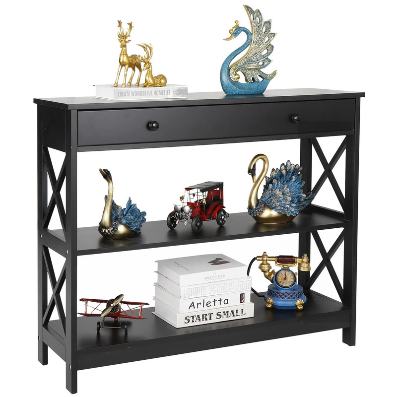 Black Console Table With Drawer  Storage Shelf  Sturdy Sofa Table Hallway Furniture For Living Room 8