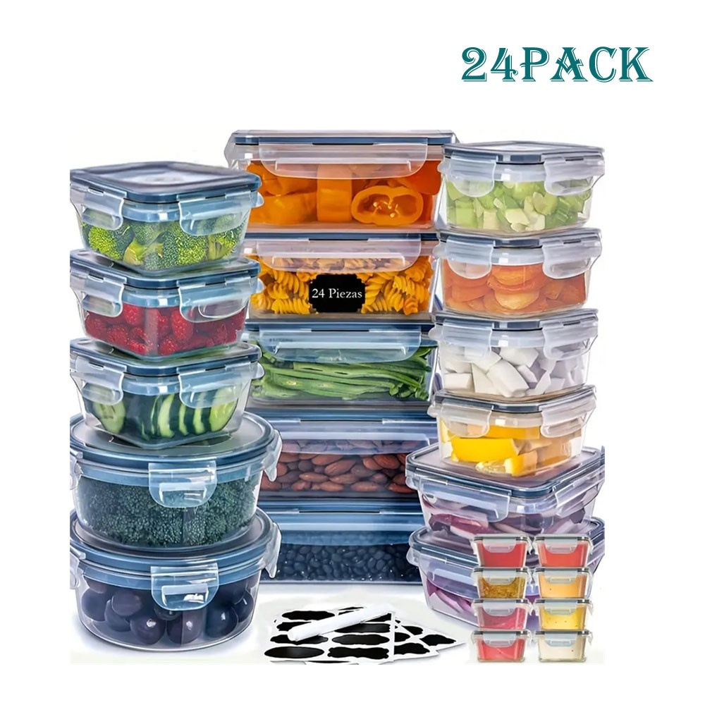 24pcs Kitchen Storage Container Set, Reusable Dishwasher Safe Plastic Bins Flip Lid Food Containers for Fruits Vegetable