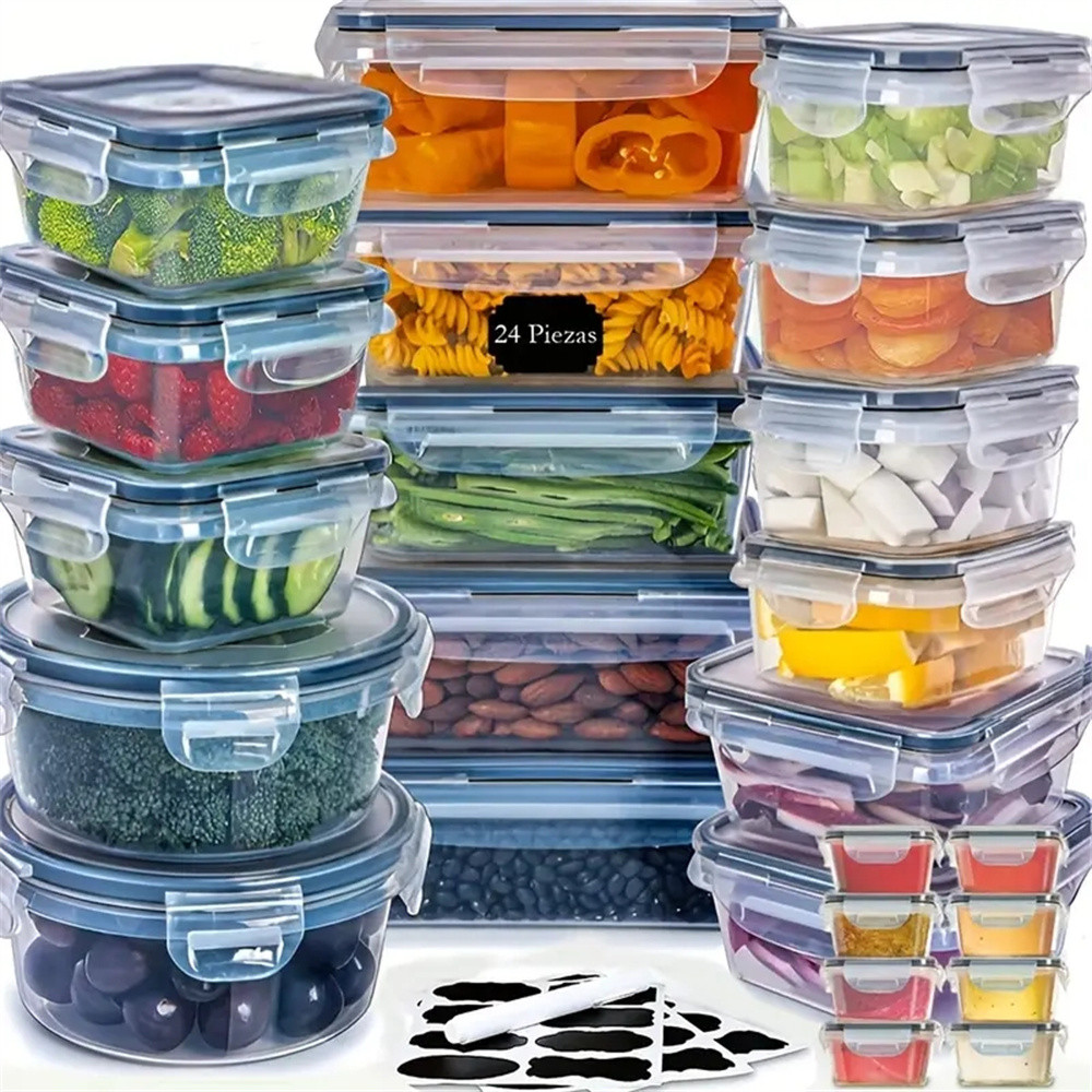 24pcs Kitchen Storage Container Set, Reusable Dishwasher Safe Plastic Bins Flip Lid Food Containers for Fruits Vegetable