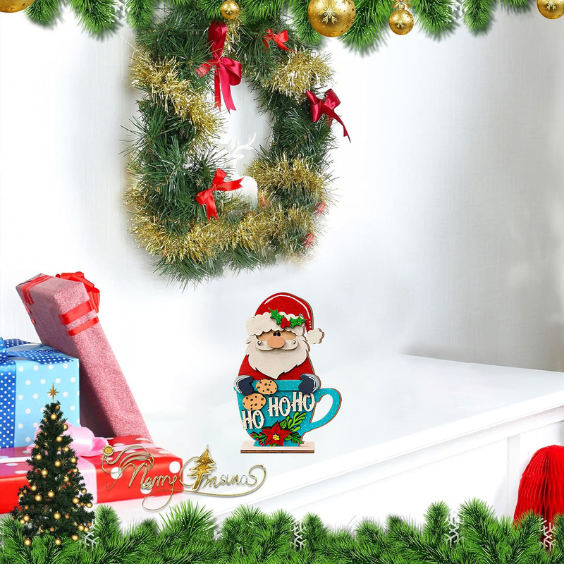 Festive Wooden Santa in Mug Ornament, Christmas Home Decor, Ho Ho Ho Holiday Decoration, Rustic Xmas Ornament Gift