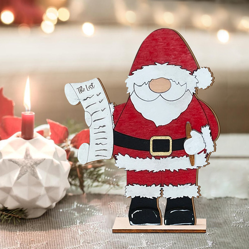 Festive Wooden Santa Claus Ornament, Christmas Decor Figurine with The List Scroll, Holiday Tabletop Decoration