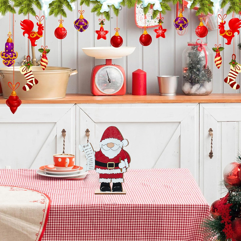 Festive Wooden Santa Claus Ornament, Christmas Decor Figurine with The List Scroll, Holiday Tabletop Decoration