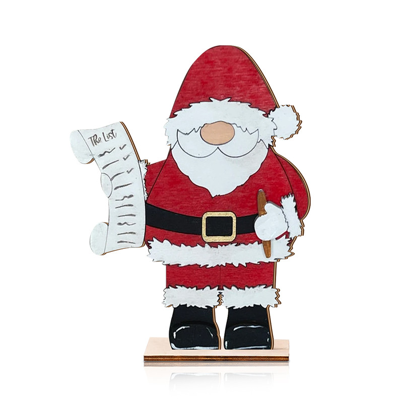 Festive Wooden Santa Claus Ornament, Christmas Decor Figurine with The List Scroll, Holiday Tabletop Decoration