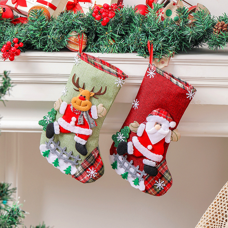 Linen Christmas Gift Stockings 3D Santa Claus Elk Knitted Hanging Decorative Stocking Candy Bag For 0