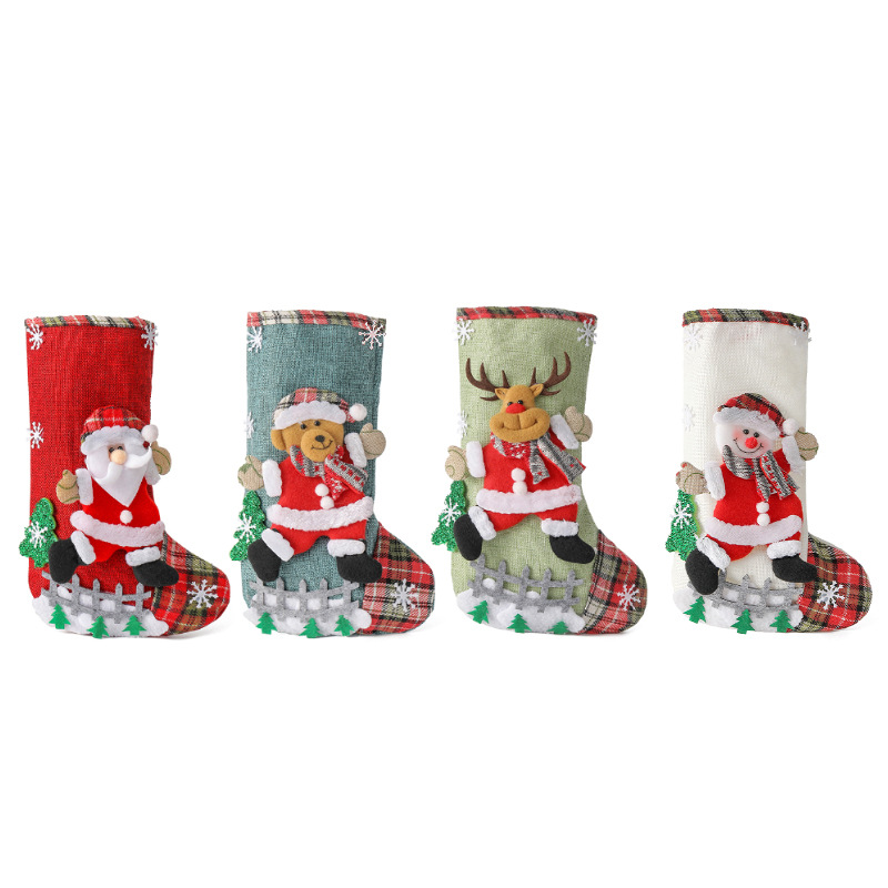 Linen Christmas Gift Stockings 3D Santa Claus Elk Knitted Hanging Decorative Stocking Candy Bag For 4