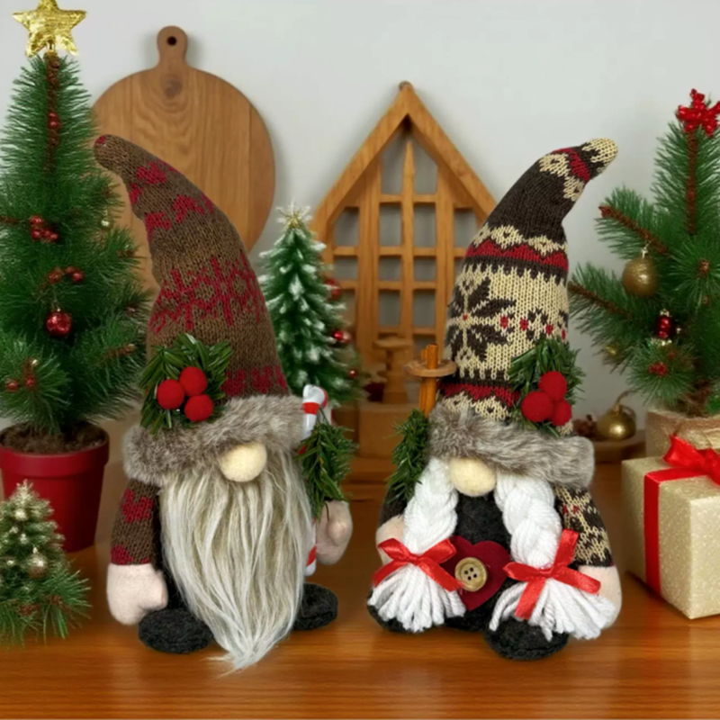 Rudolph Plush Toy, Christmas Decorations, Knitted Hat with Pine Branch, Gnome Faceless Doll Figurine, Pine Toy