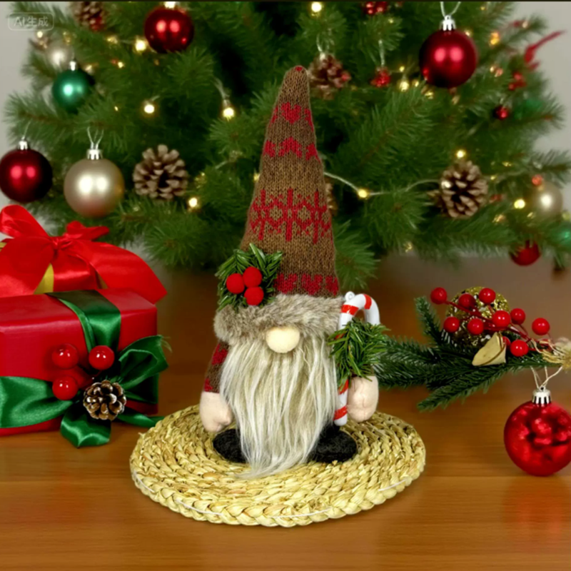 Rudolph Plush Toy, Christmas Decorations, Knitted Hat with Pine Branch, Gnome Faceless Doll Figurine, Pine Toy