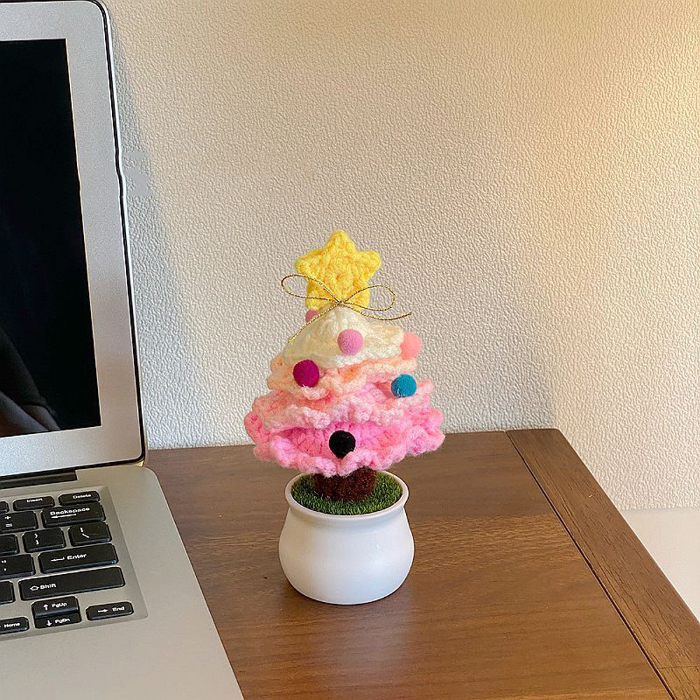 Mini Crochet Xmas Tree, Handmade Cotton Yarn Knitted Christmas Tree Ornament for Living Room Decoration
