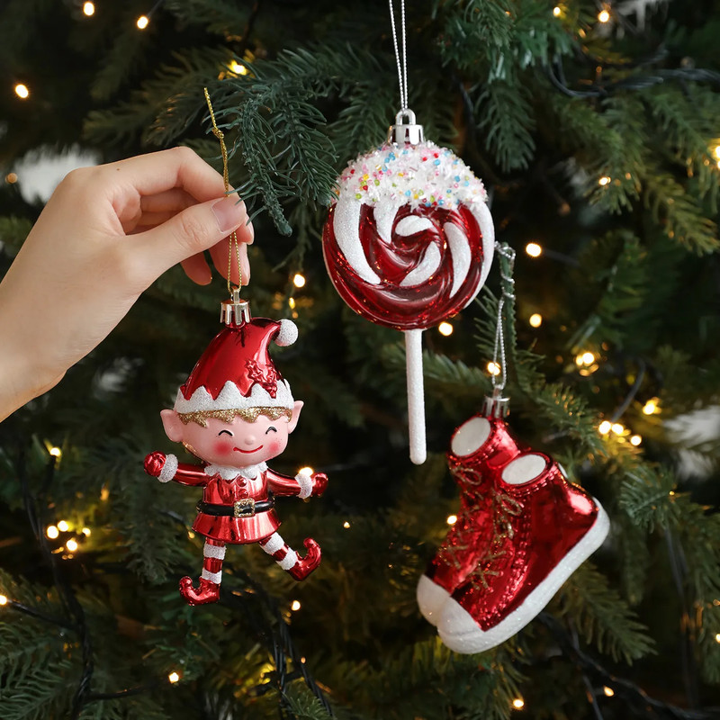 Christmas Tree Pendant, Red White Cartoon Christmas Pendant, DIY Vertical Pendant for Family Holiday Decoration