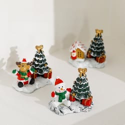 winter village scene with christmas snowman tree elk ornaments, small house desktop display