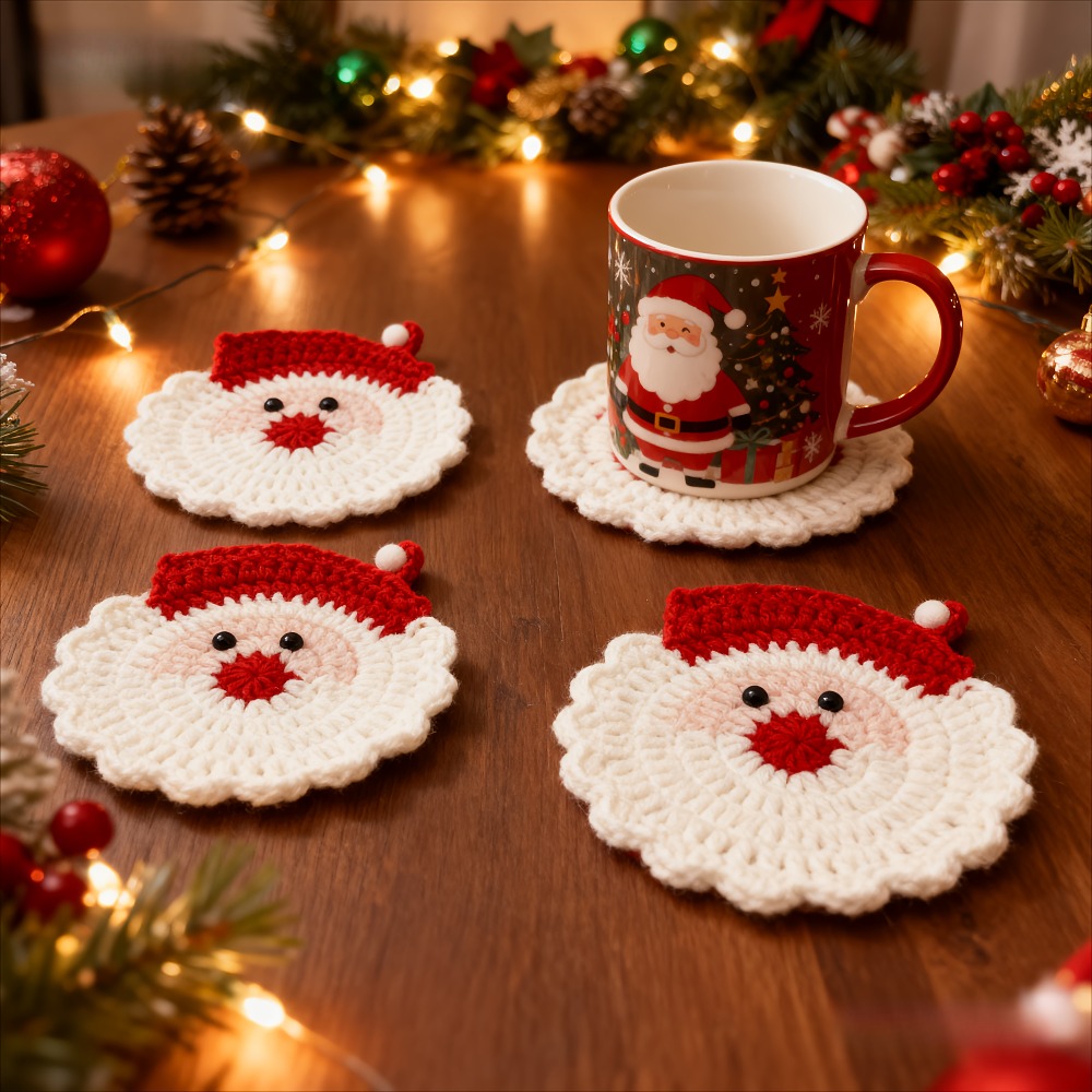 Heat Resistant Drink Mats, Handmade Crochet Santa Coasters, Christmas Gift Decor
