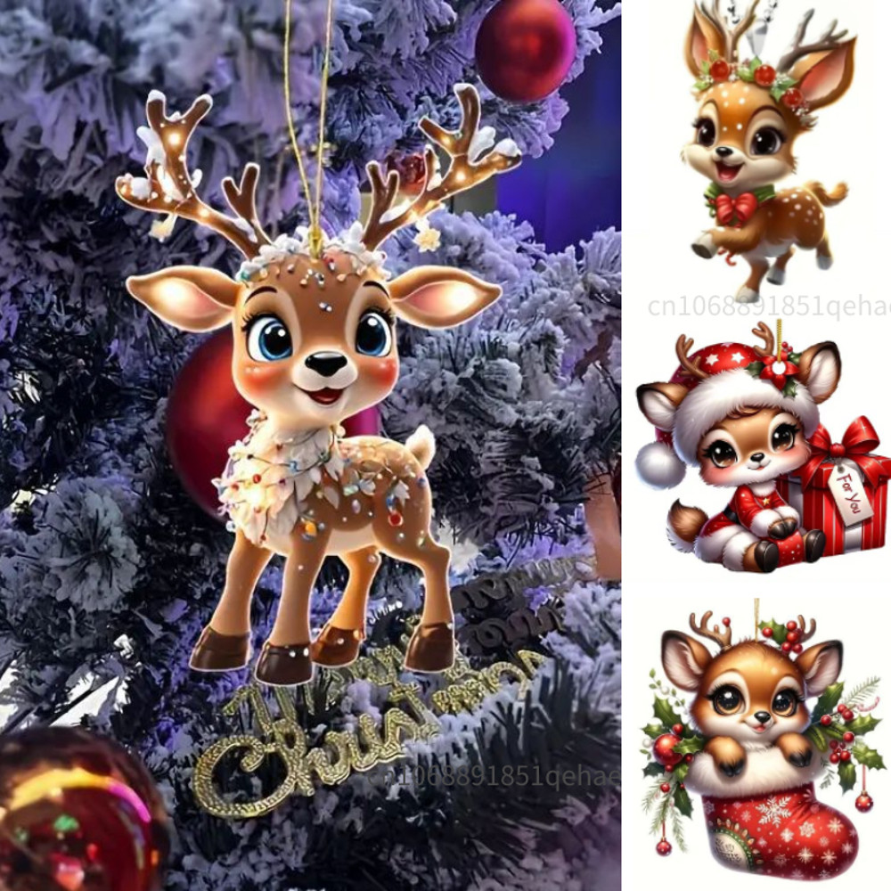 Christmas Cartoon Fawn Acrylic Tree Pendant Cute Elk Decorations For New Year Gifts And Party Decor 0