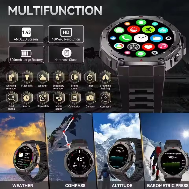 2025 Military Smartwatch For Men Bluetooth Calling GPS Compass 10ATM Waterproof 2