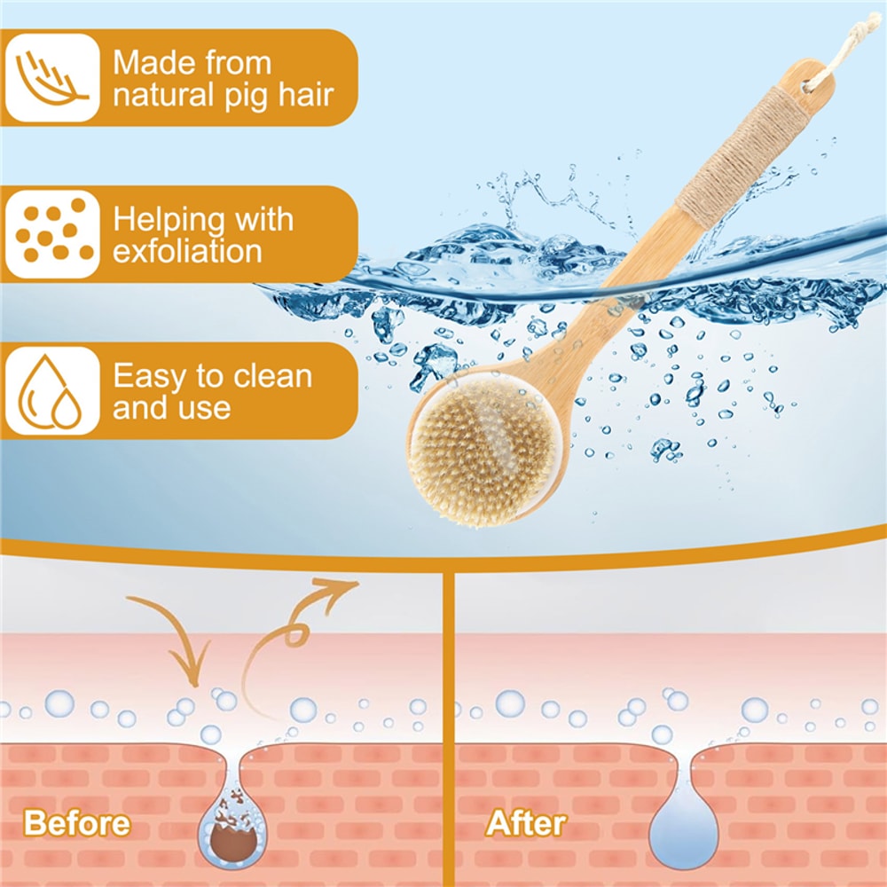Bath Body Brush with Soft Bristles & Bamboo Handle, Back Scrubber for Exfoliation & Healthy Skin