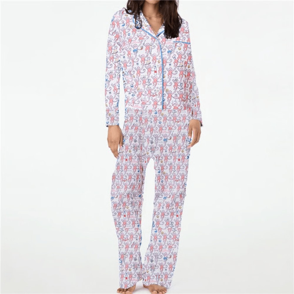 Women Monkey Print Pajamas Set Soft Preppy Long Sleeve PJ Pants Loungewear 1