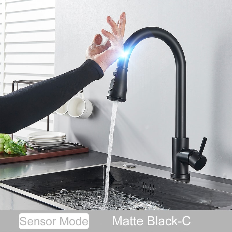 Black Touch Control Kitchen Faucet With PullOut Spray Modern Sink Tap 2