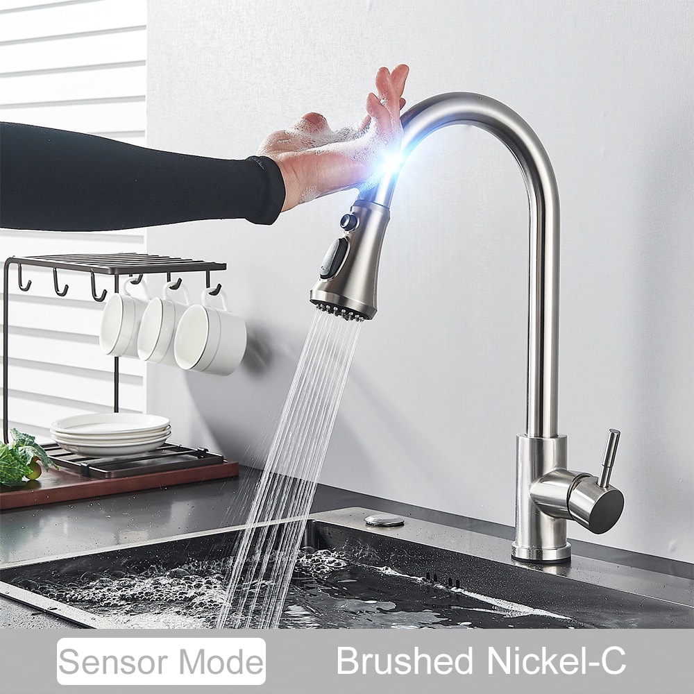Black Touch Control Kitchen Faucet With PullOut Spray Modern Sink Tap 11