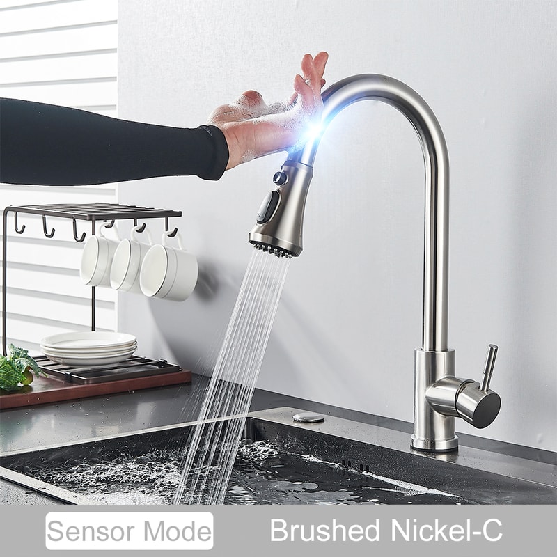 Black Touch Control Kitchen Faucet With PullOut Spray Modern Sink Tap 11